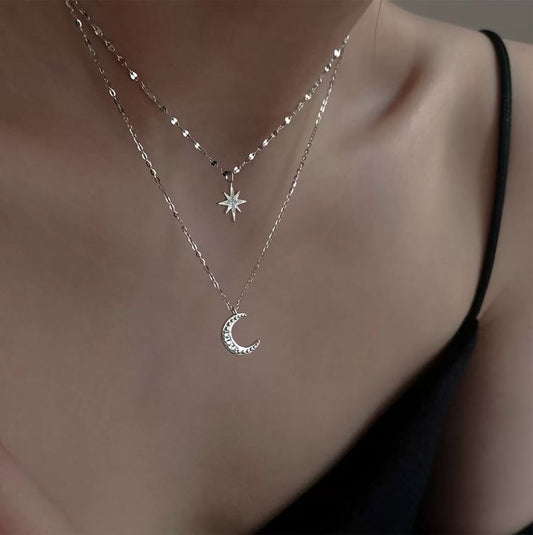 Double Layer Zircon Star Moon necklace